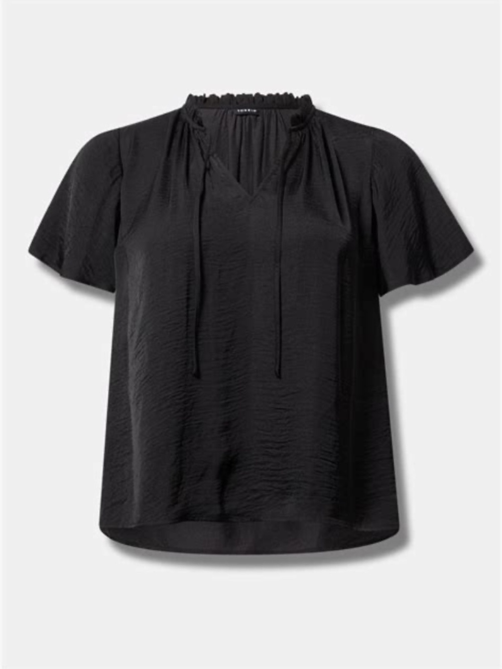 NWT TORRID SATIN TIE FRONT RUFFLE NECK BLOUSE DEEP BLACK